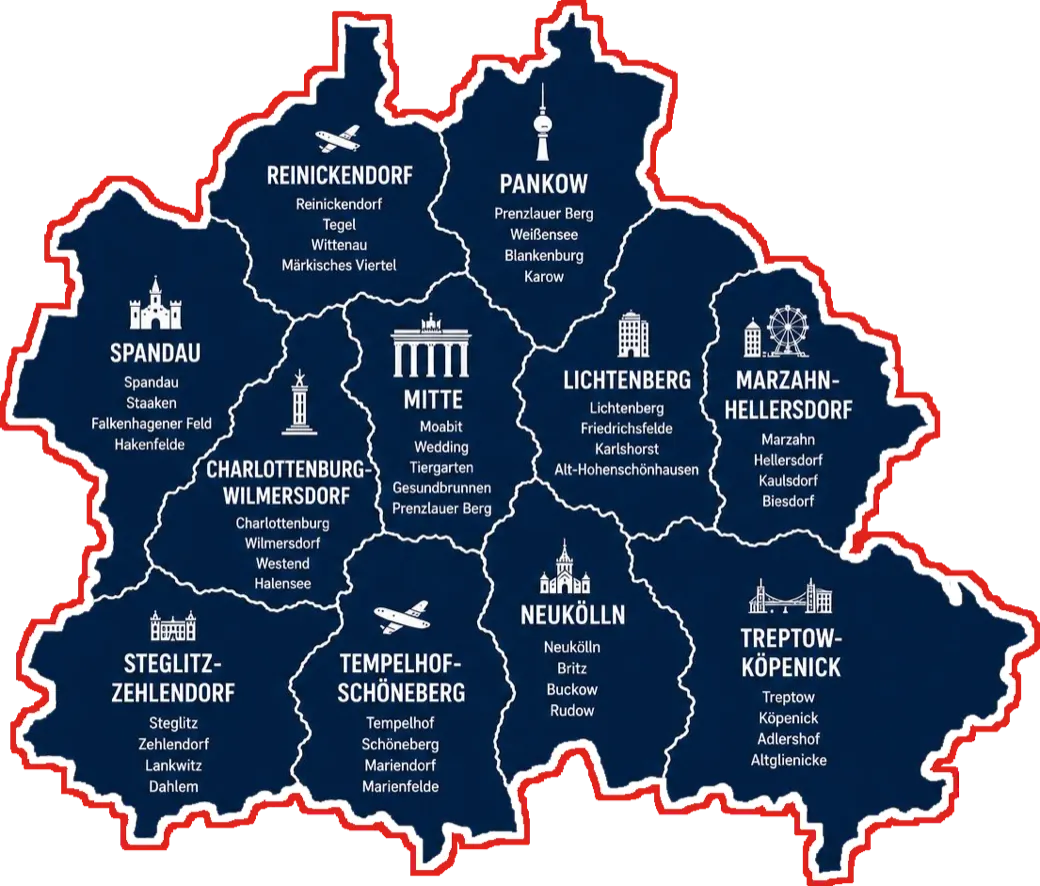 Karte der Berliner Bezirke – Einsatzgebiet des S&K Schlüsseldienst in ganz Berlin