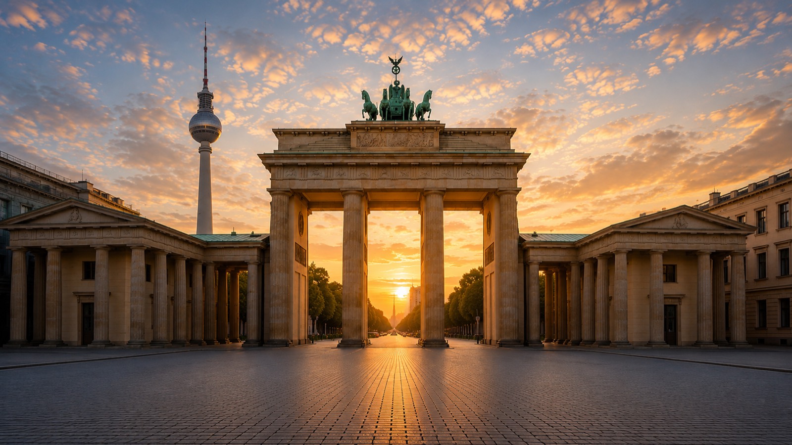Brandenburger Tor und Fernsehturm in Berlin im Sonnenuntergang – S&K Schlüsseldienst