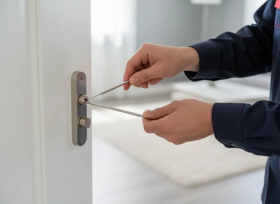 Monteur des S&K Schlüsseldienst öffnet eine Berliner Wohnungstür schadenfrei mit Profi-Werkzeug